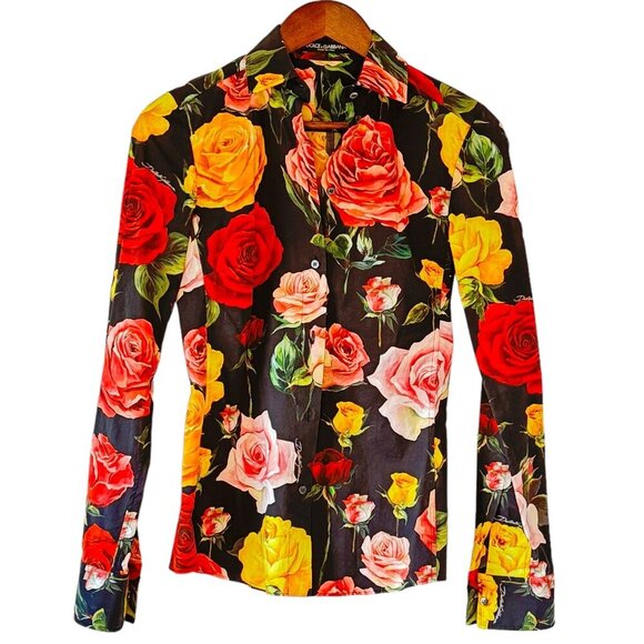 Dolce & Gabbana Fitted Long Sleeve Shirt Black Roses Print Handmade in Italy - Picture 3 of 11